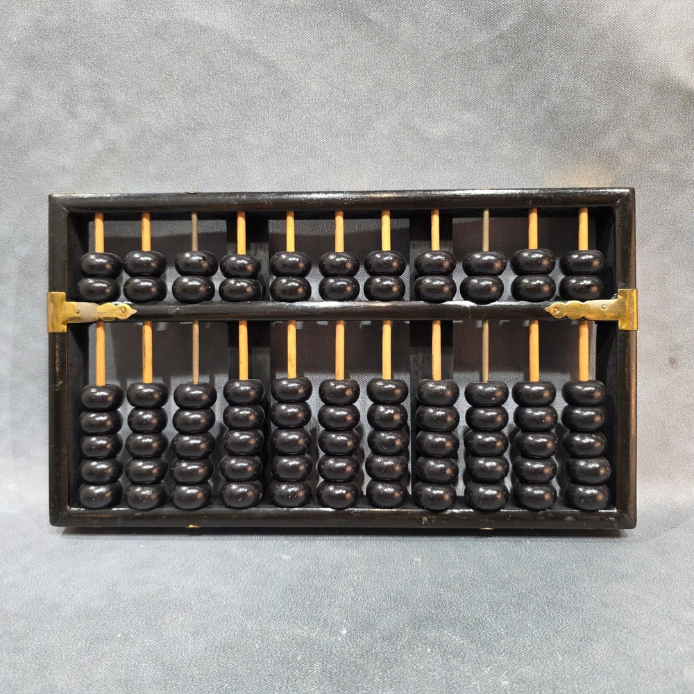 Vintage Lotus Flower Brand 13 Column Wooden Abacus Brass Hardware Black Beads